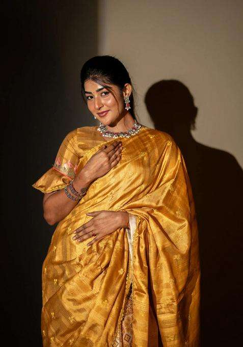 Semi Tussar Partly Saree Mustard Shade With Thread Woven Buttas Ajrakh Prints And Lace Work Border Pichwai Printed Pallu For Women