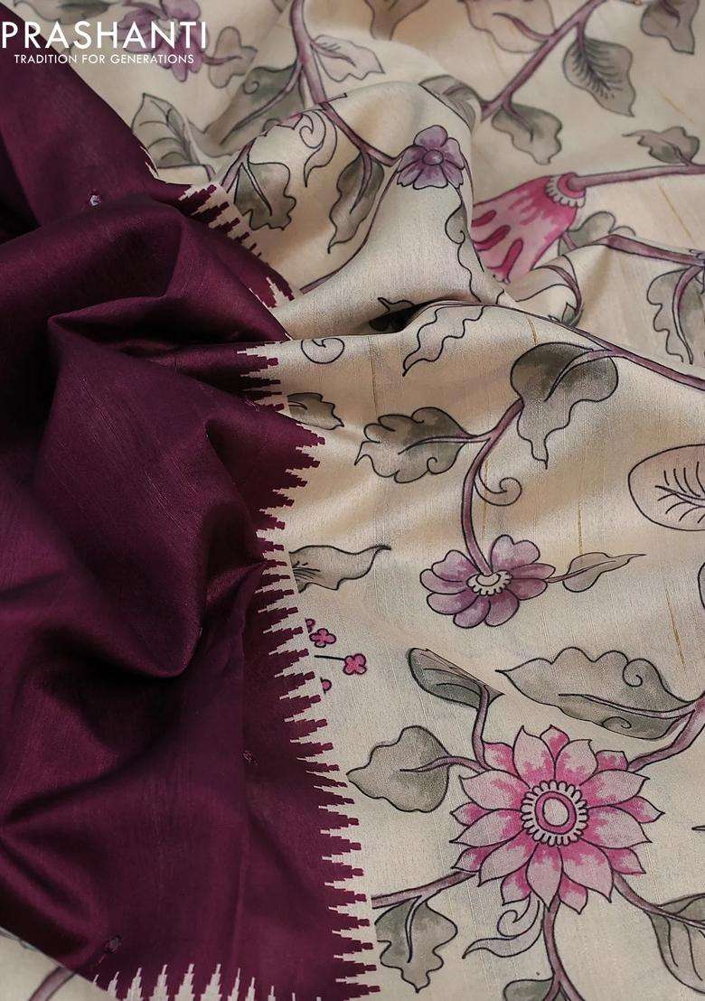 Semi Tussar Saree Wine Shade And Cream With Allover Mirror Work And Kalamkari Printed Border For Women - Indya