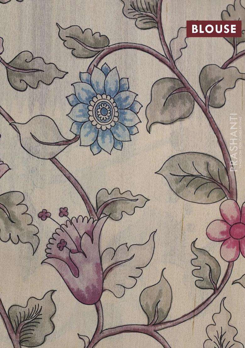 Semi Tussar Saree Wine Shade And Cream With Allover Mirror Work And Kalamkari Printed Border For Women - Indya