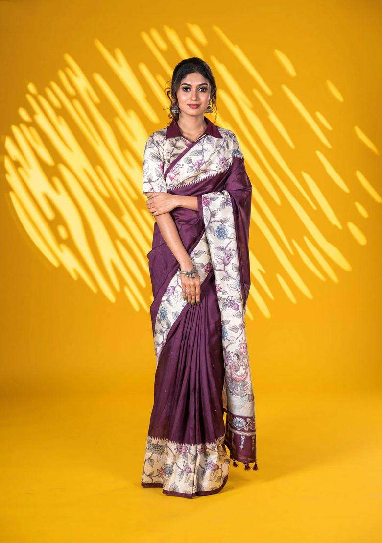 Semi Tussar Saree Wine Shade And Cream With Allover Mirror Work And Kalamkari Printed Border For Women - Indya
