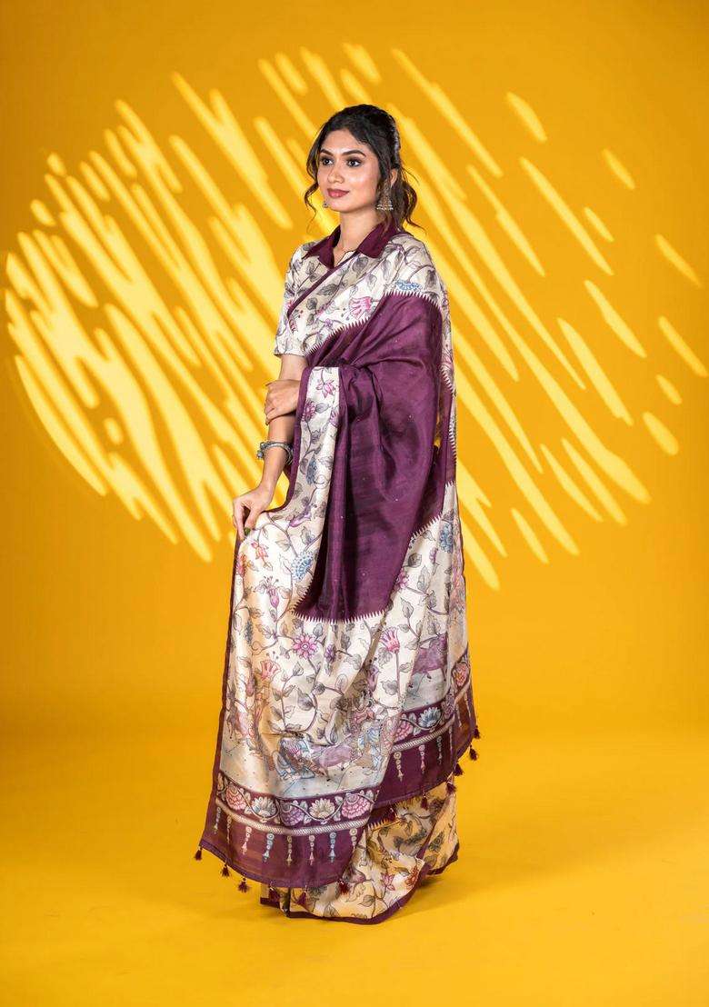 Semi Tussar Saree Wine Shade And Cream With Allover Mirror Work And Kalamkari Printed Border For Women - Indya