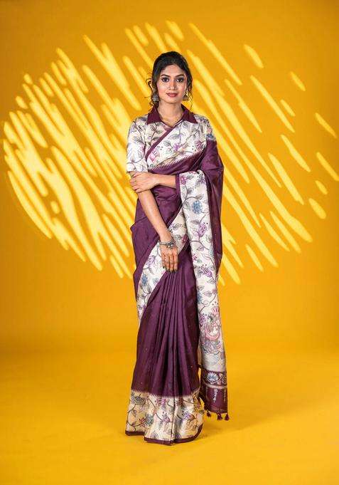 Semi Tussar Saree Wine Shade And Cream With Allover Mirror Work And Kalamkari Printed Border For Women