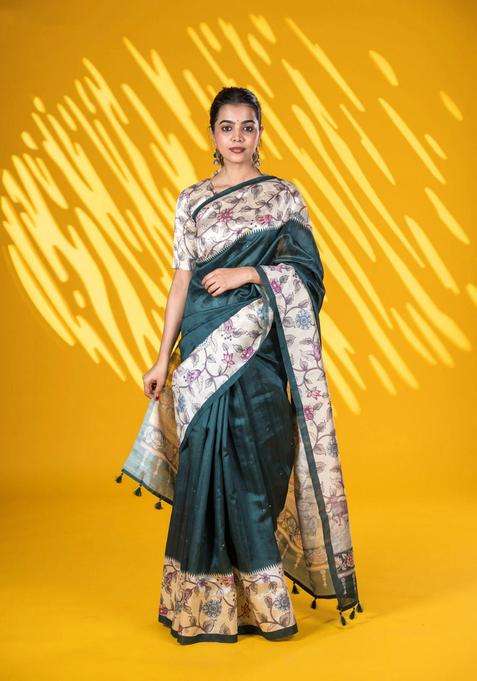 Semi Tussar Saree Dark Green And Cream With Allover Mirror Work And Kalamkari Printed Border For Women