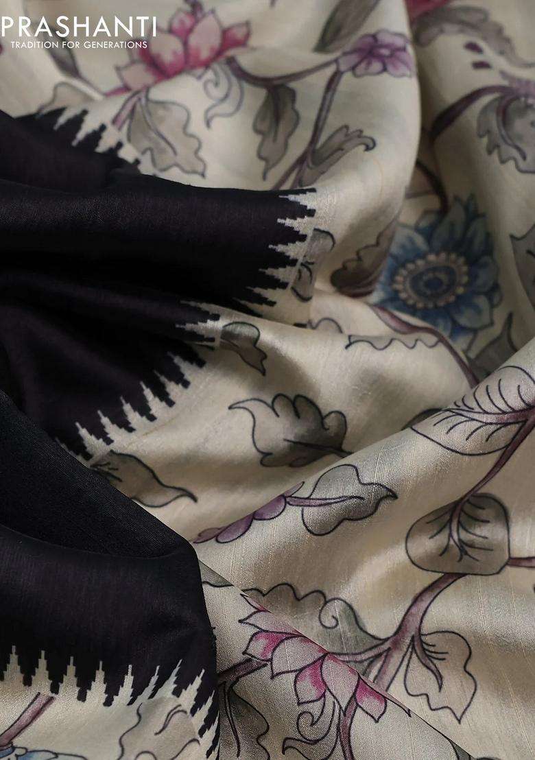 Semi Tussar Saree Black And Cream With Allover Mirror Work And Kalamkari Printed Border For Women - Indya