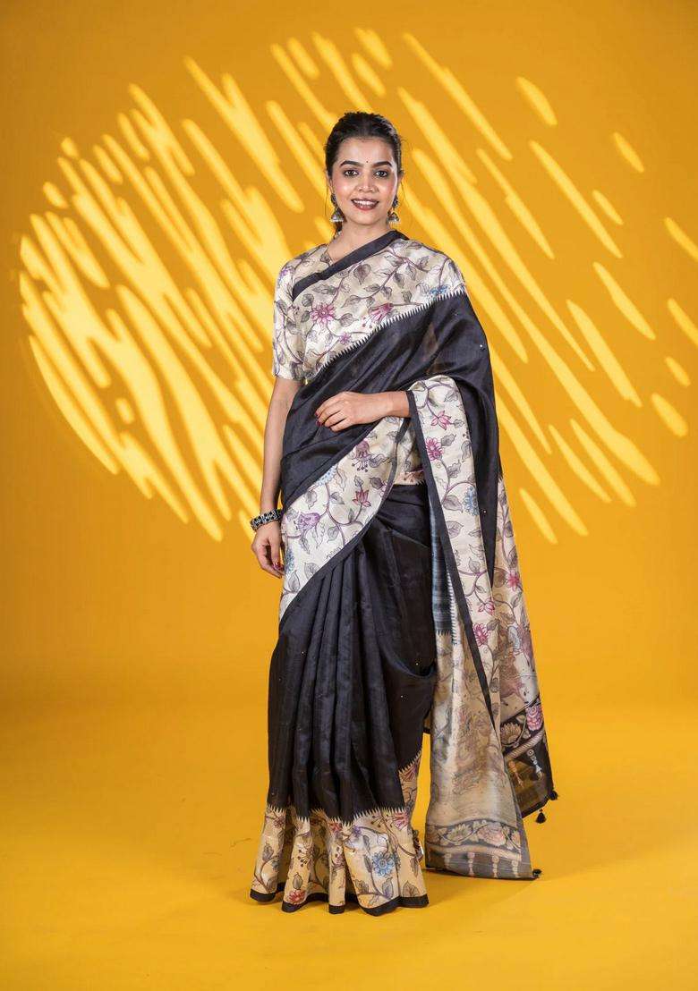 Semi Tussar Saree Black And Cream With Allover Mirror Work And Kalamkari Printed Border For Women - Indya