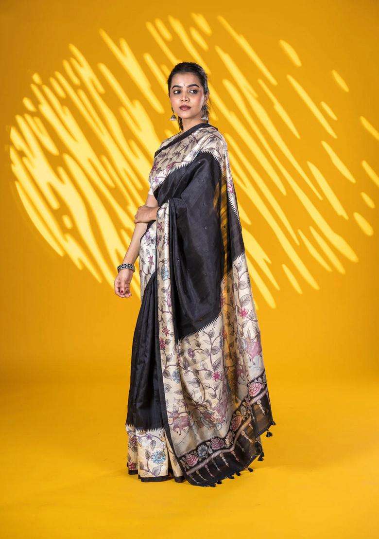 Semi Tussar Saree Black And Cream With Allover Mirror Work And Kalamkari Printed Border For Women - Indya