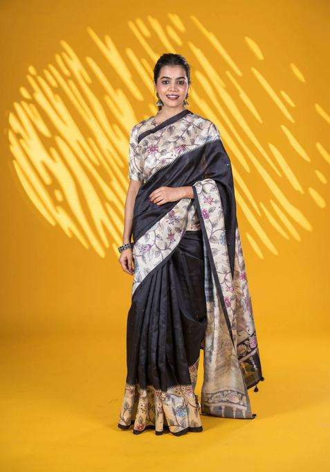 Semi Tussar Saree Black And Cream With Allover Mirror Work And Kalamkari Printed Border For Women