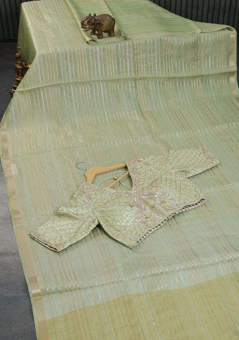 Tissue Organza Saree Pista Green With Allover Silver Gold Zari Weaves And Zari Woven Border With Traditional Woven Design For Women - Indya