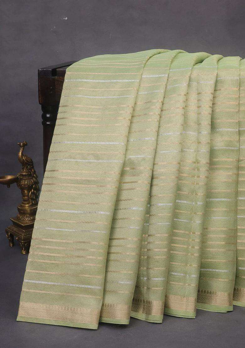Tissue Organza Saree Pista Green With Allover Silver Gold Zari Weaves And Zari Woven Border With Traditional Woven Design For Women - Indya