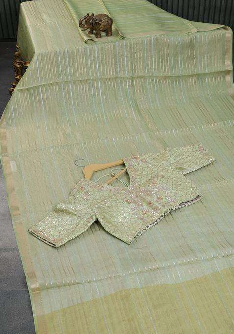 Tissue Organza Saree Pista Green With Allover Silver Gold Zari Weaves And Zari Woven Border With Traditional Woven Design For Women