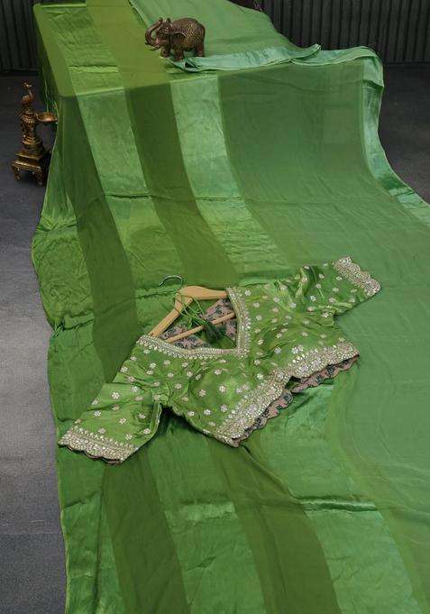 Chiffon Saree Green With Plain Body And Satin Border With Traditional Woven Design For Women