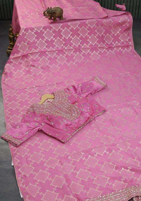 Munga Tussar Saree Mauve Pink With Allover Zari Weaves And Lace Work Border With Traditional Woven Design For Women