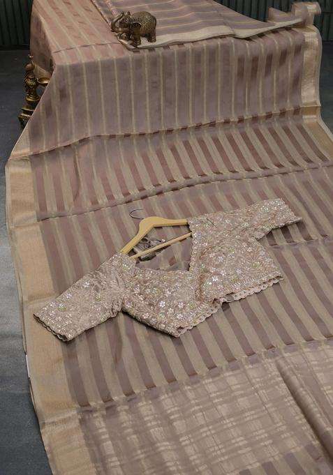 Organza Saree Grey With Allover Zari Weaves And Zari Woven Border With Traditional Woven Design For Women