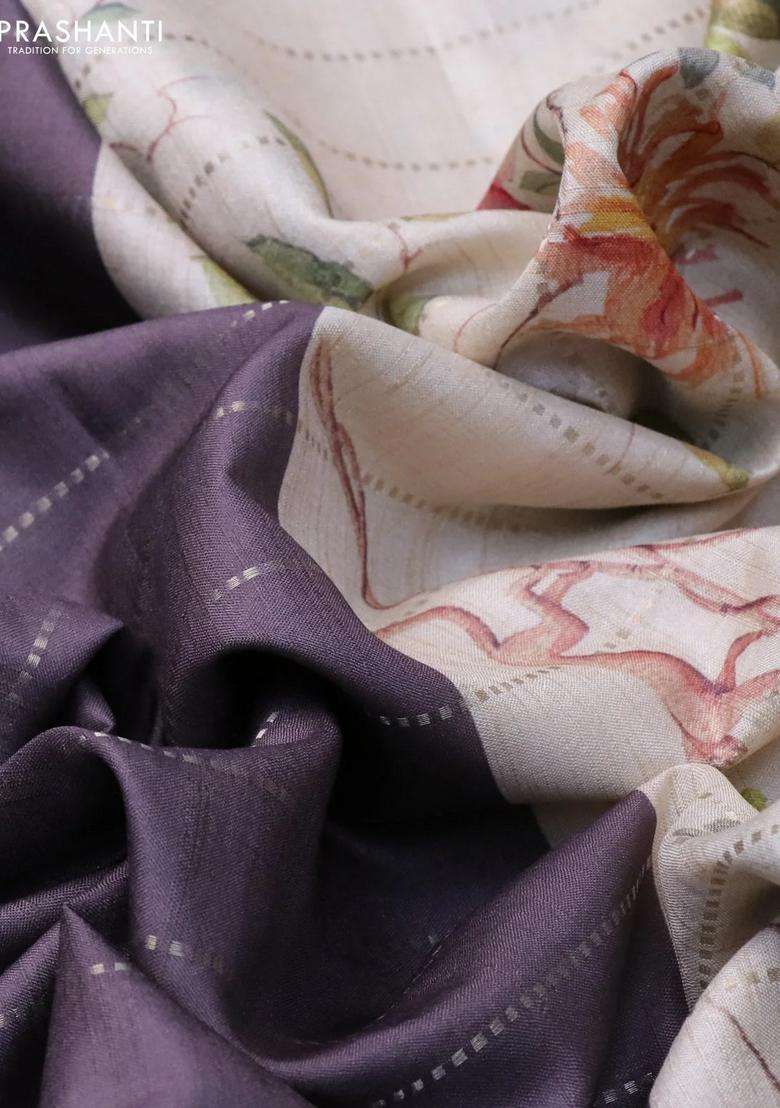 Semi Tussar Saree Grey Shade And Cream With Allover Zari Weaves In Borderless Style Printed Pallu For Women - Indya