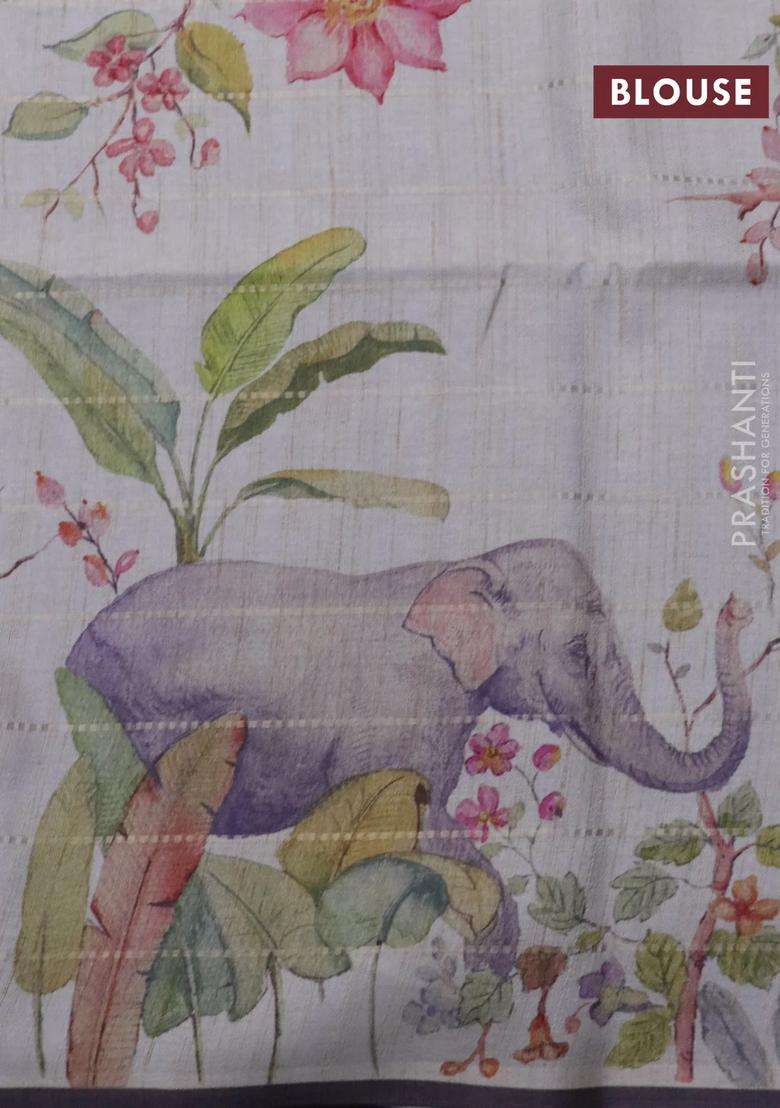 Semi Tussar Saree Grey Shade And Cream With Allover Zari Weaves In Borderless Style Printed Pallu For Women - Indya