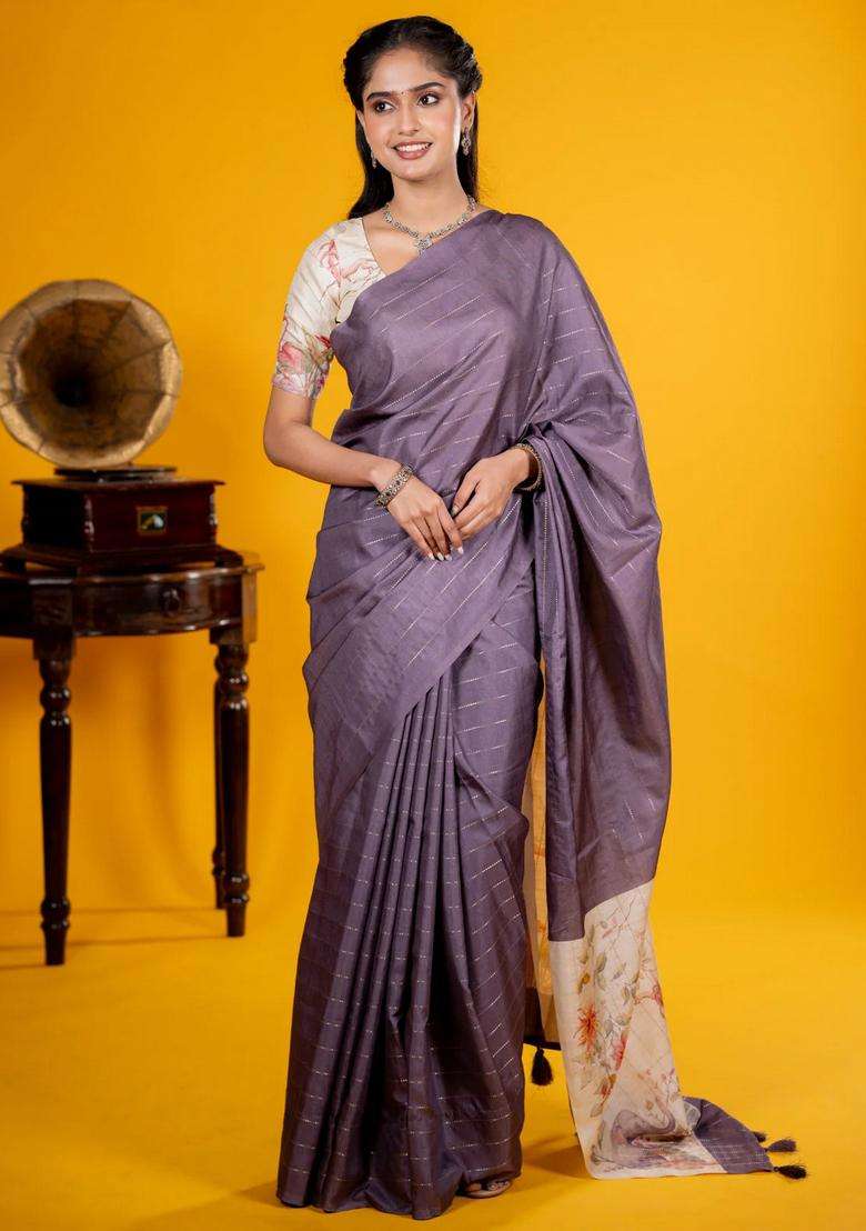 Semi Tussar Saree Grey Shade And Cream With Allover Zari Weaves In Borderless Style Printed Pallu For Women - Indya