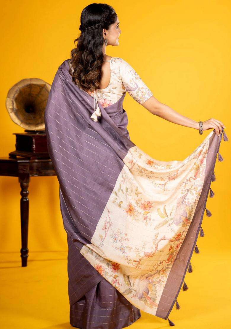 Semi Tussar Saree Grey Shade And Cream With Allover Zari Weaves In Borderless Style Printed Pallu For Women - Indya