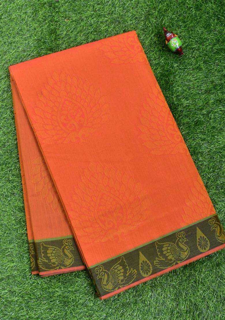 Coimbatore Cotton Orange Emboss Saree With Thread Woven Border With Traditional Woven Design For Women - Indya