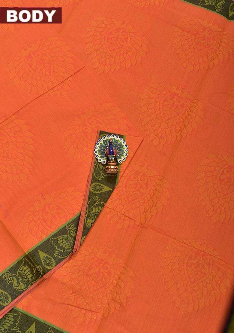 Coimbatore Cotton Orange Emboss Saree With Thread Woven Border With Traditional Woven Design For Women - Indya
