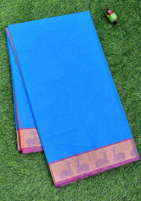 Coimbatore Cotton Blue Emboss Saree With Thread Woven Border With Traditional Woven Design For Women