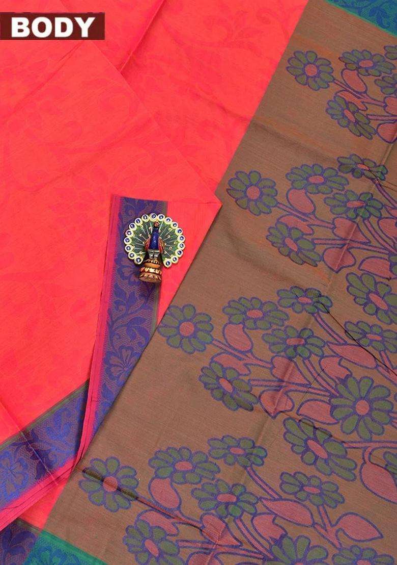 Coimbatore Cotton Pink Emboss Saree With Thread Woven Border With Traditional Woven Design For Women - Indya