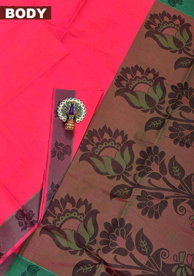 Coimbatore Cotton Pink Emboss Saree With Thread Woven Border With Traditional Woven Design For Women - Indya