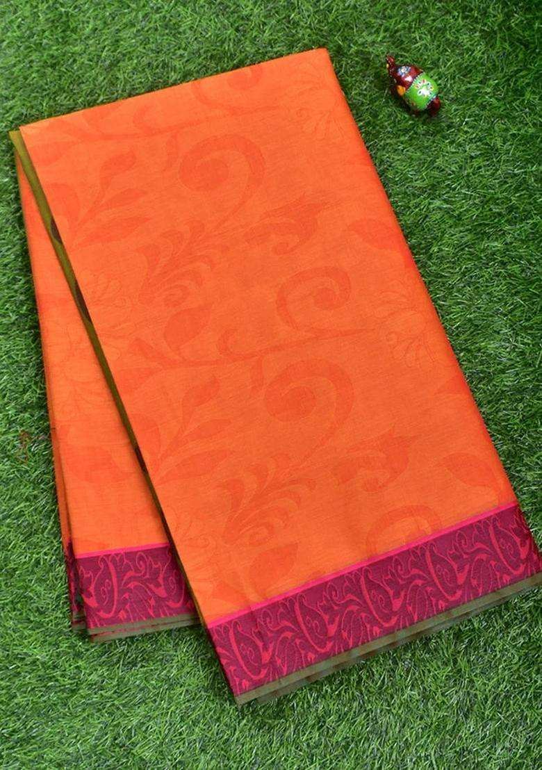Coimbatore Cotton Orange Emboss Saree With Thread Woven Border With Traditional Woven Design For Women - Indya