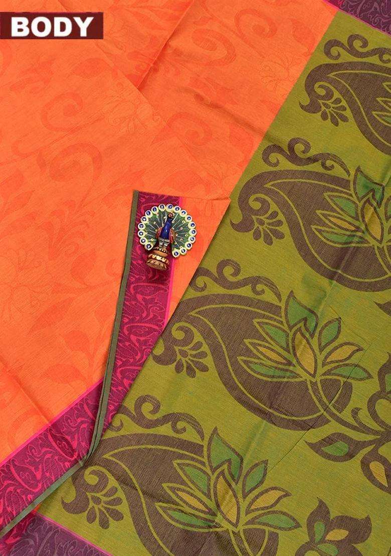 Coimbatore Cotton Orange Emboss Saree With Thread Woven Border With Traditional Woven Design For Women - Indya