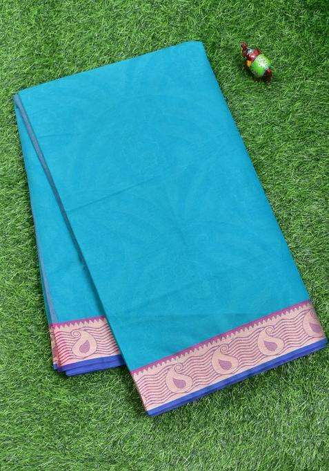 Coimbatore Cotton Blue Emboss Saree With Thread Woven Border With Traditional Woven Design For Women