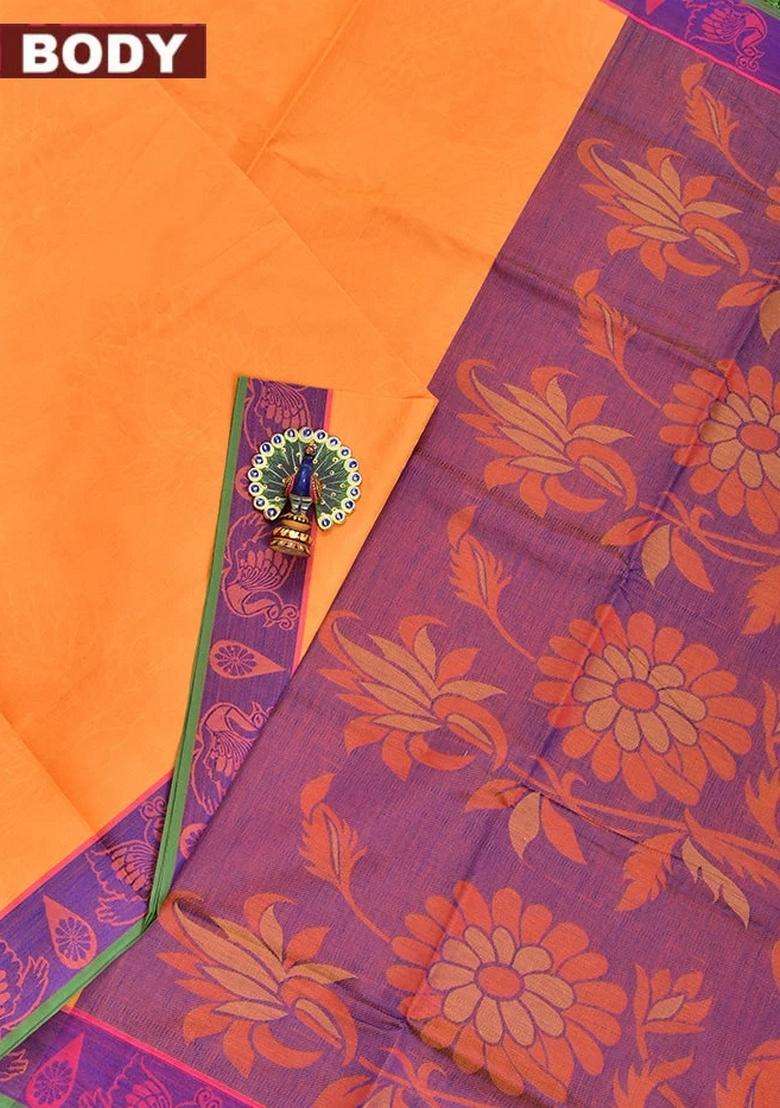 Coimbatore Cotton Yellow Emboss Saree With Thread Woven Border With Traditional Woven Design For Women - Indya