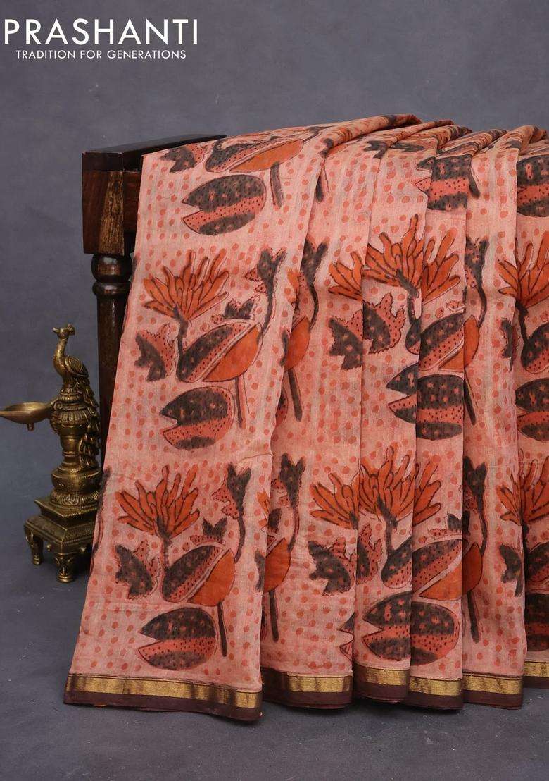Chanderi Bagru Silk Cotton Saree Rust Shade And Brown With Allover Kalamkari Prints And Small Zari Woven Border With Printed Design For Women - Indya