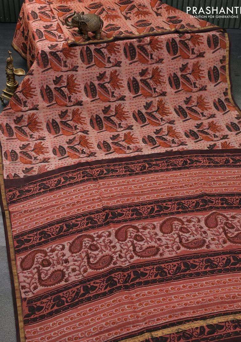 Chanderi Bagru Silk Cotton Saree Rust Shade And Brown With Allover Kalamkari Prints And Small Zari Woven Border With Printed Design For Women - Indya