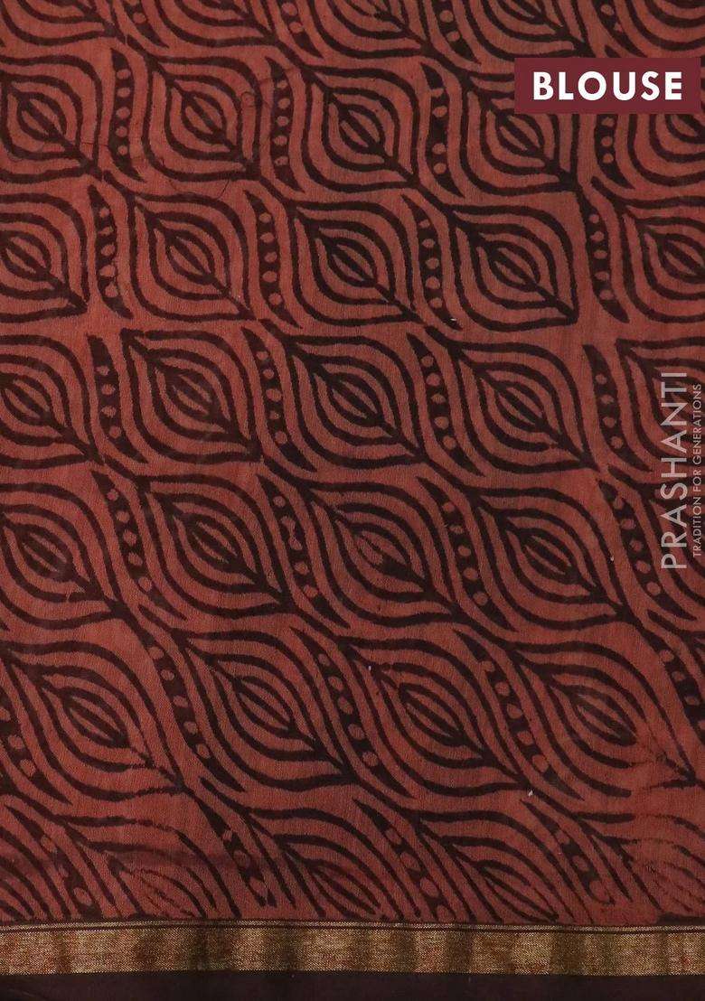 Chanderi Bagru Silk Cotton Saree Rust Shade And Brown With Allover Kalamkari Prints And Small Zari Woven Border With Printed Design For Women - Indya