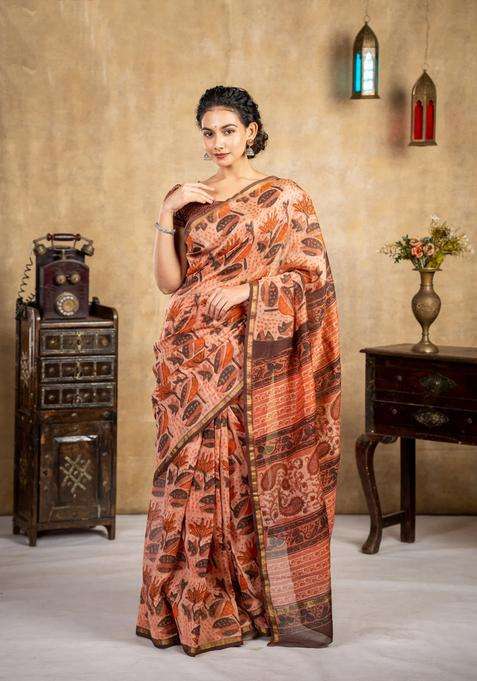 Chanderi Bagru Silk Cotton Saree Rust Shade And Brown With Allover Kalamkari Prints And Small Zari Woven Border With Printed Design For Women
