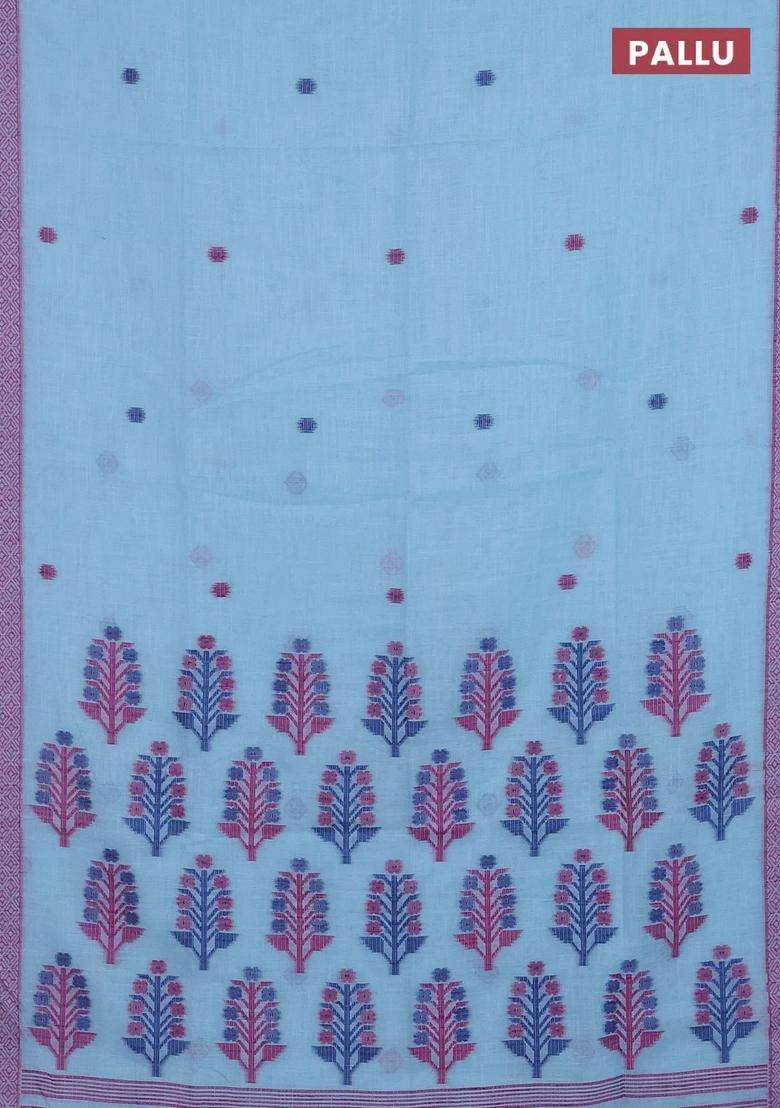 Munga Linen Saree Light Blue With Thread Woven Buttas And Thread Woven Border With Buttas And Brocade Design For Women - Indya
