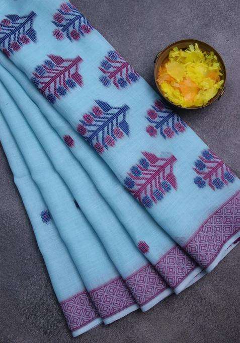 Munga Linen Saree Light Blue With Thread Woven Buttas And Thread Woven Border With Buttas And Brocade Design For Women