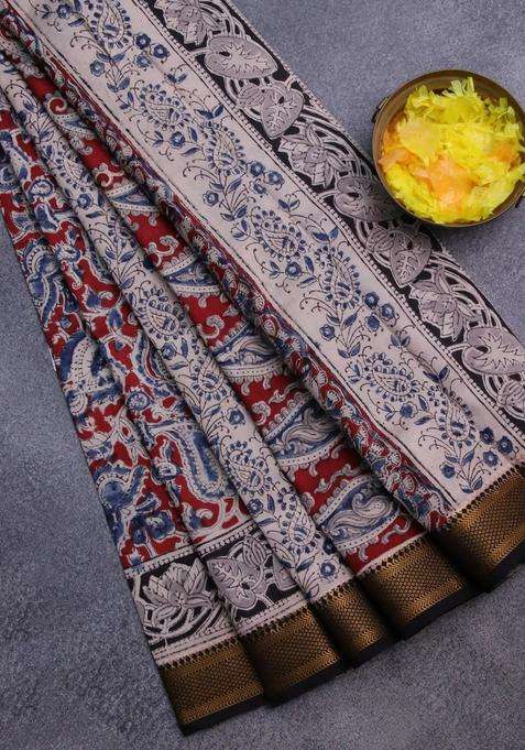 Semi Mangalgiri Silk Saree Maroon And Deep Coffee Brown With Allover Kalamkari Block Prints And Zari Woven Border With Printed Design For Women