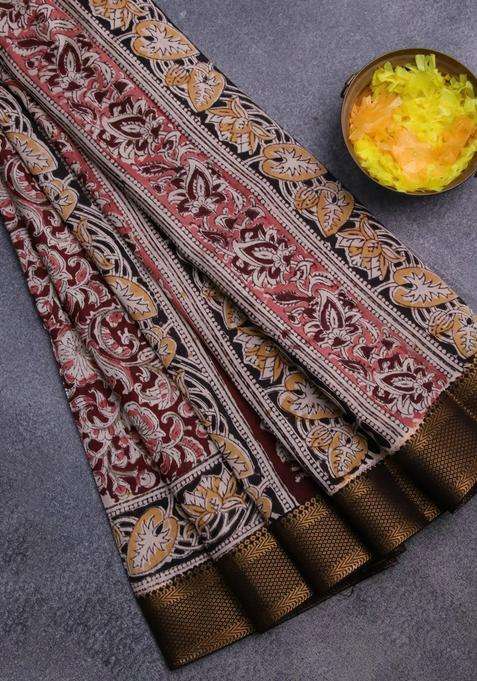 Semi Mangalgiri Silk Saree Deep Maroon And Black With Allover Kalamkari Block Prints And Zari Woven Border With Printed Design For Women