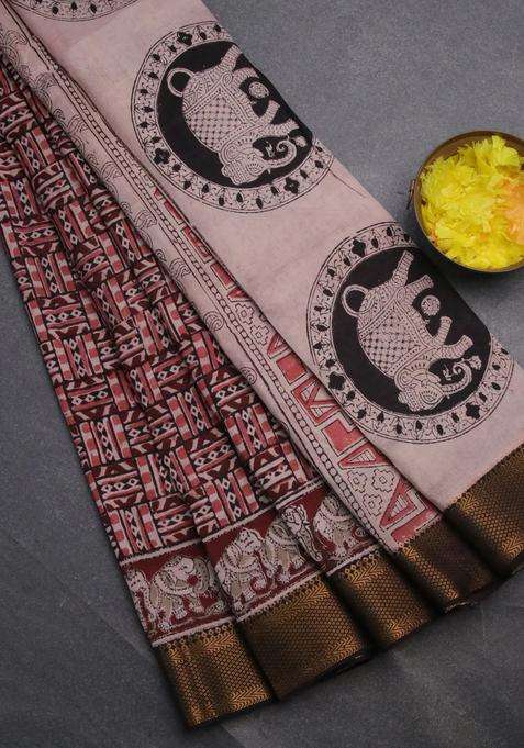 Semi Mangalgiri Silk Saree Deep Maroon And Deep Coffee Brown With Allover Kalamkari Block Prints And Zari Woven Border With Printed Design For Women