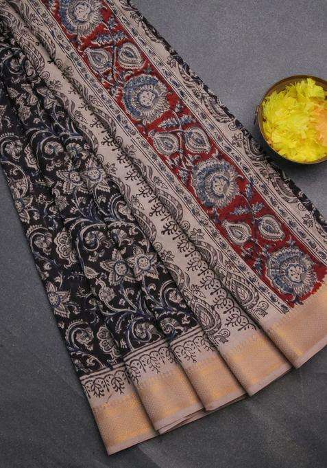 Semi Mangalgiri Silk Saree Black And Beige With Allover Kalamkari Block Prints And Zari Woven Border With Printed Design For Women