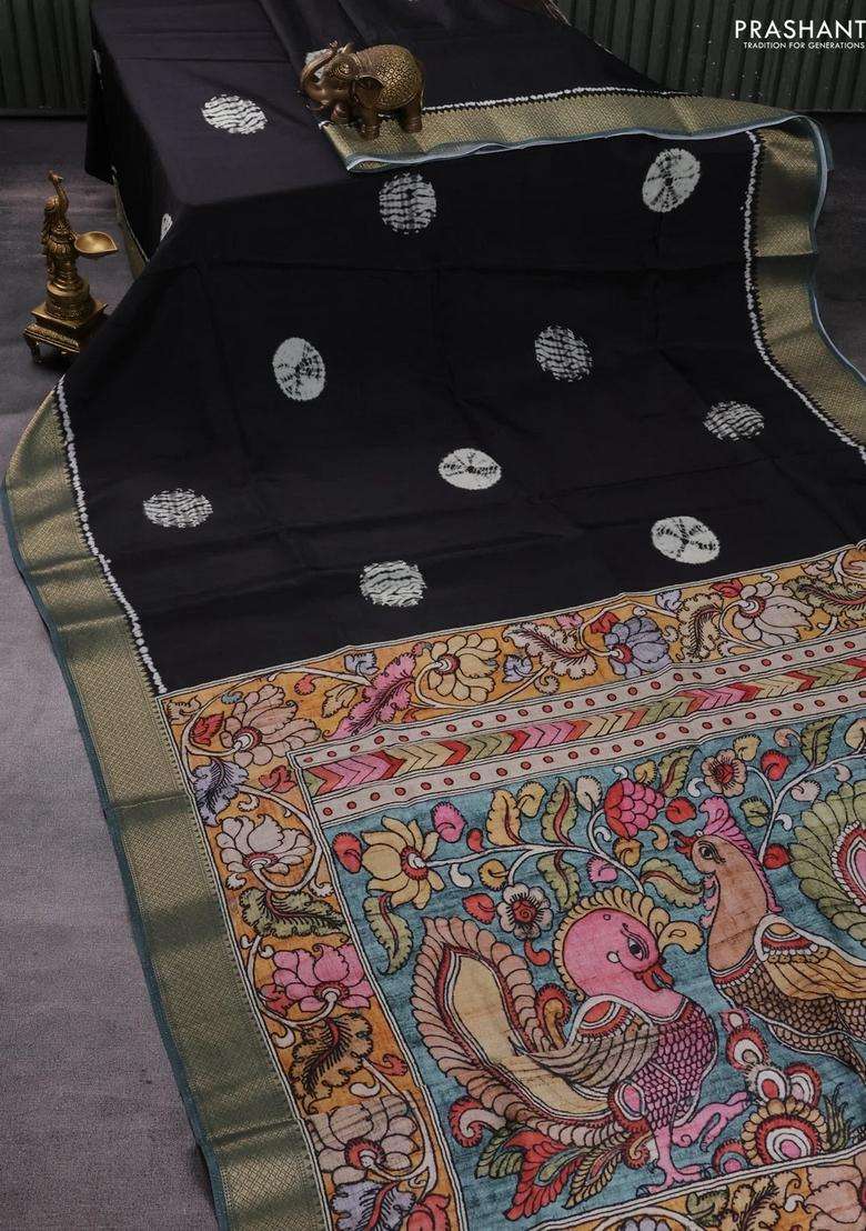 Semi Crepe Saree Black And Greyish Green With Shibori Butta Prints And Kalamkari Printed Pallu Zari Border For Women - Indya