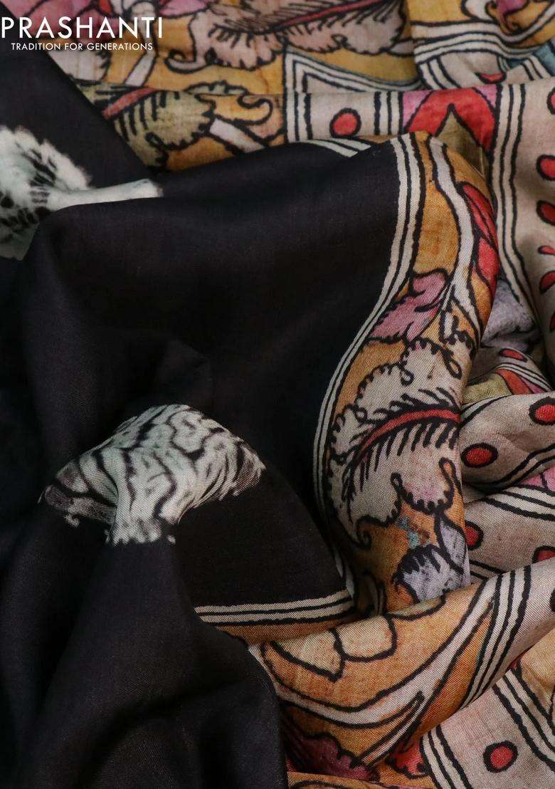 Semi Crepe Saree Black And Greyish Green With Shibori Butta Prints And Kalamkari Printed Pallu Zari Border For Women - Indya