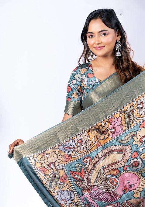 Semi Crepe Saree Black And Greyish Green With Shibori Butta Prints And Kalamkari Printed Pallu Zari Border For Women