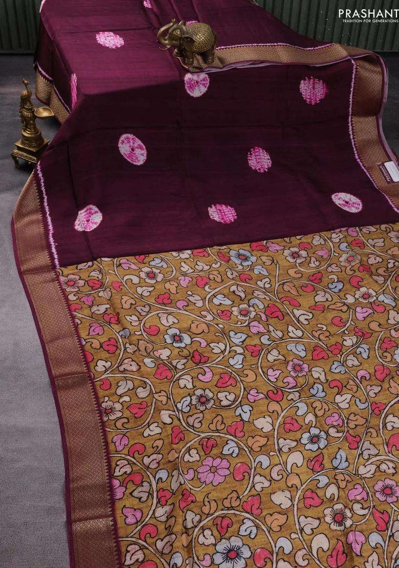 Semi Crepe Saree Wine Shade And Mustard Yellow With Shibori Butta Prints And Kalamkari Printed Pallu Zari Border For Women - Indya
