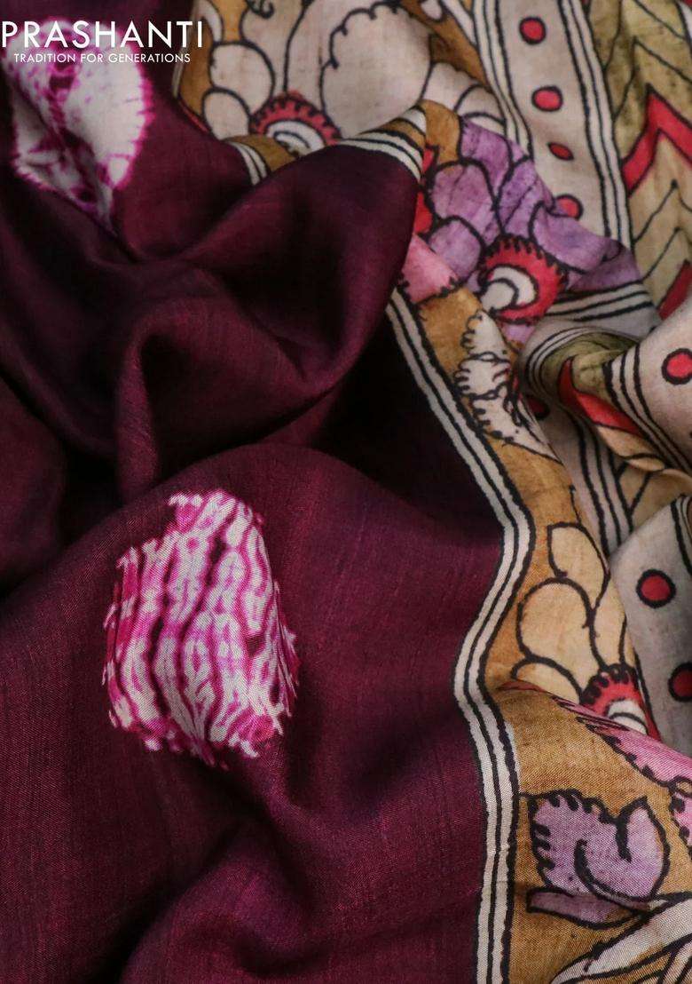 Semi Crepe Saree Wine Shade And Mustard Yellow With Shibori Butta Prints And Kalamkari Printed Pallu Zari Border For Women - Indya