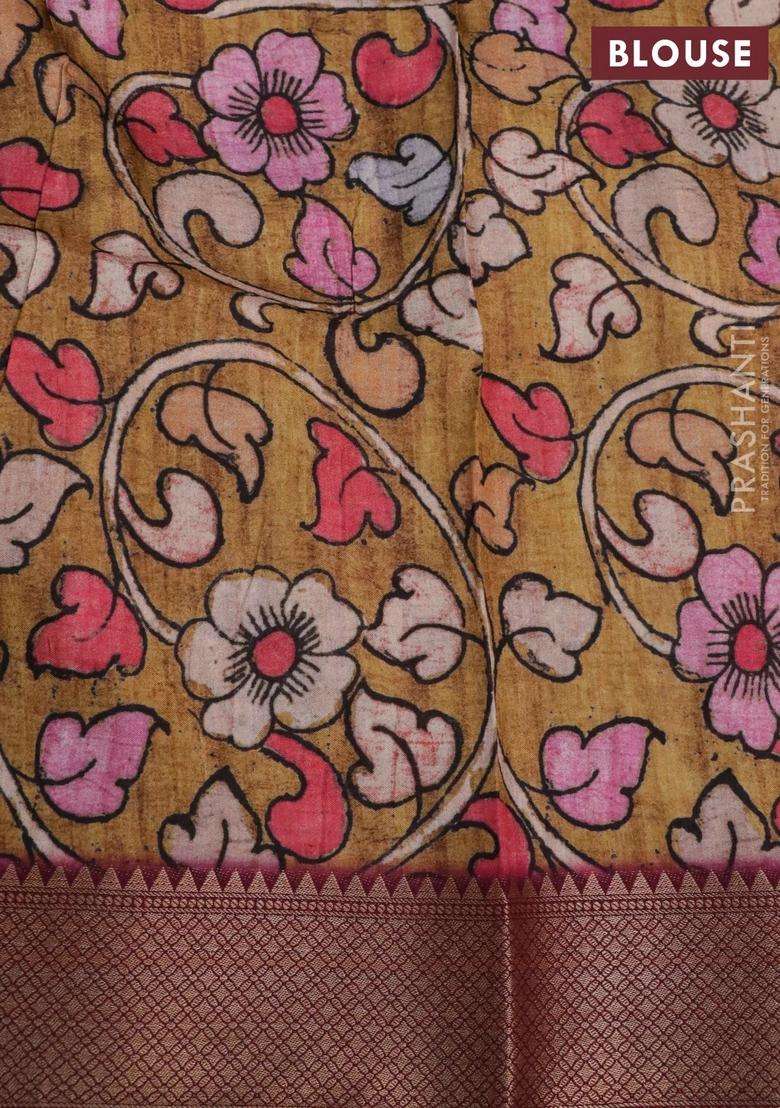 Semi Crepe Saree Wine Shade And Mustard Yellow With Shibori Butta Prints And Kalamkari Printed Pallu Zari Border For Women - Indya