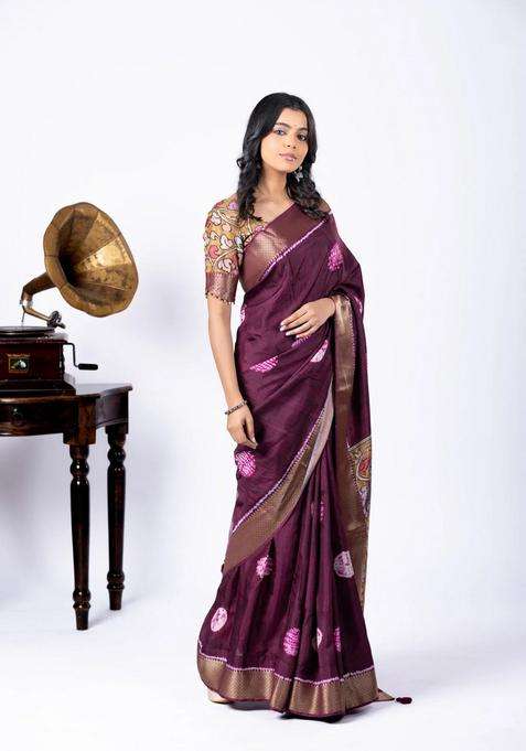 Semi Crepe Saree Wine Shade And Mustard Yellow With Shibori Butta Prints And Kalamkari Printed Pallu Zari Border For Women