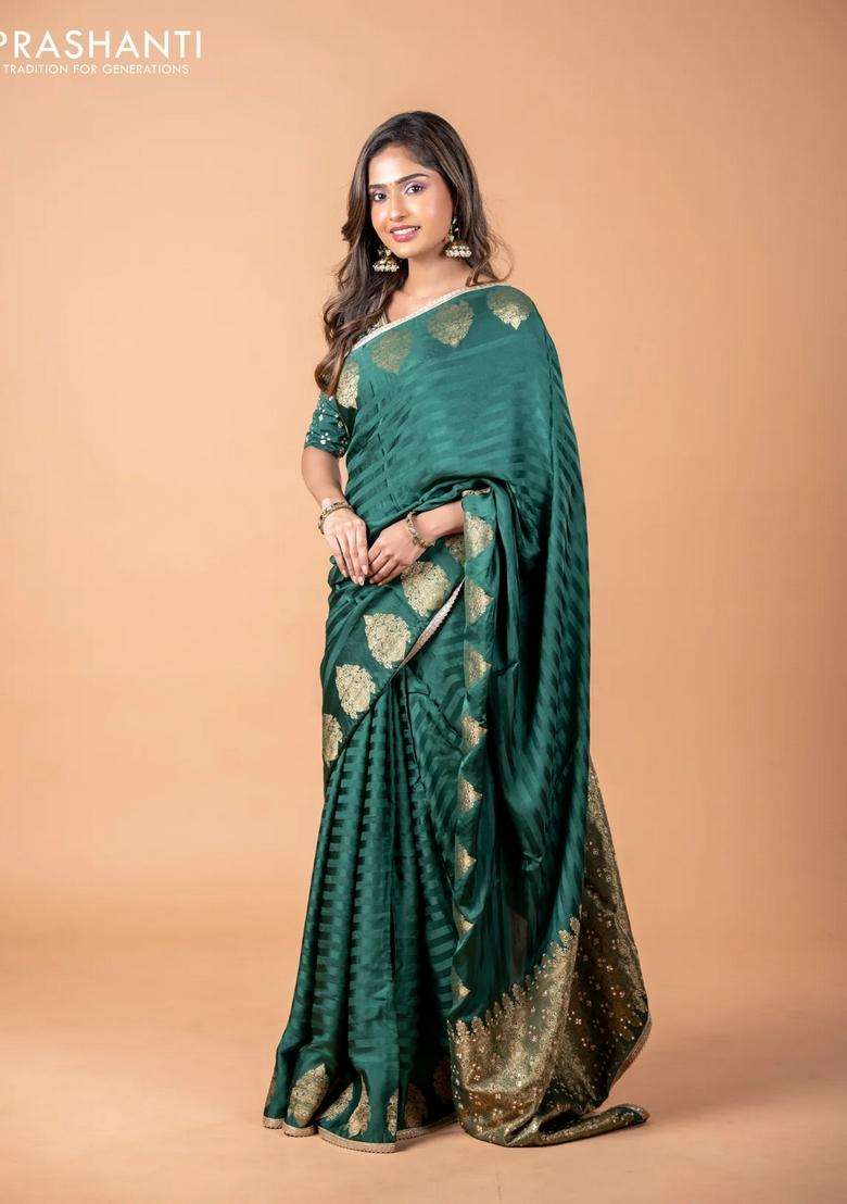 Banarasi Crepe Saree Green With Stripes Pattern And Mirror Work Banarasi Style Border With Checks And Stripes Design For Women - Indya