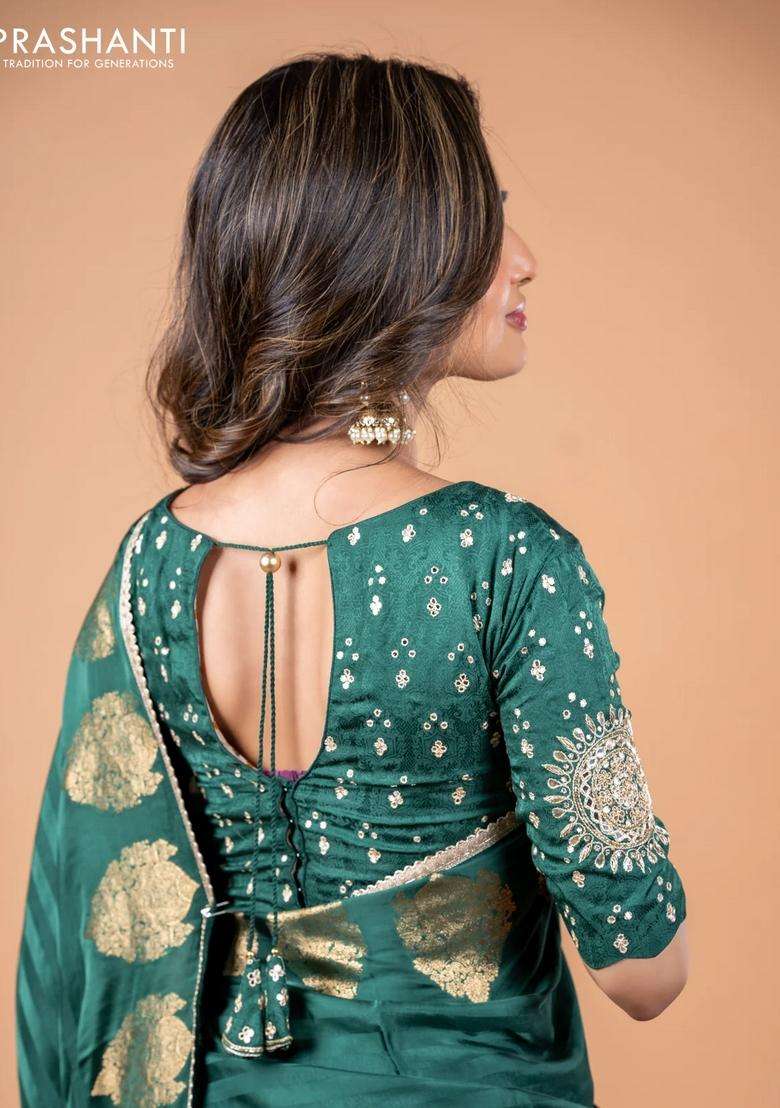 Banarasi Crepe Saree Green With Stripes Pattern And Mirror Work Banarasi Style Border With Checks And Stripes Design For Women - Indya