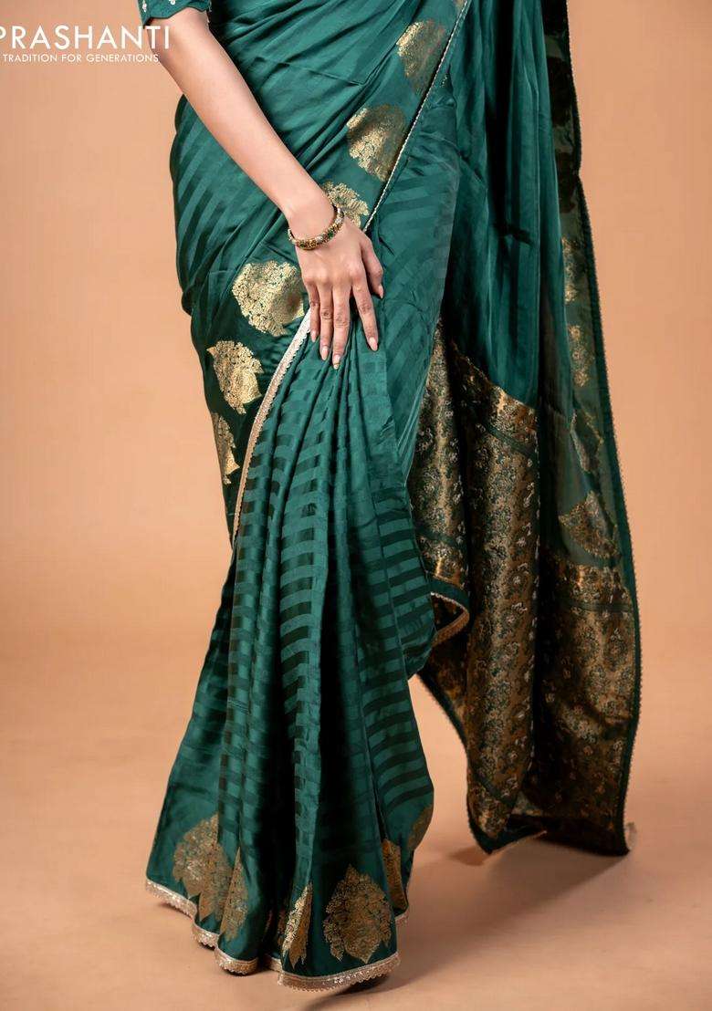 Banarasi Crepe Saree Green With Stripes Pattern And Mirror Work Banarasi Style Border With Checks And Stripes Design For Women - Indya